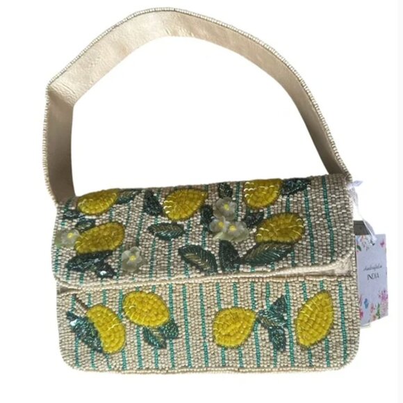 Handcrafted in India Handbags - Handcrafted in India Tik Tok Viral Beaded Lemon Striped Shoulder Bag NWT